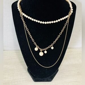 J Crew 3 Strand Antique Gold and Pearl Necklace